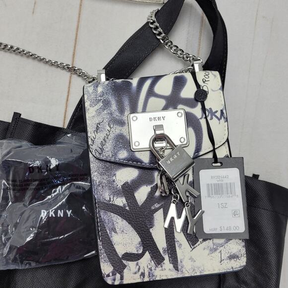 DKNY Elissa Grafitti chain crossbody bag lock front leather flap NWT moto - Picture 2 of 6